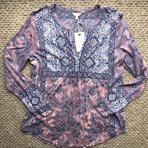 NWT Lucky Brand Printed Long Sleeve V-Neck Blouse